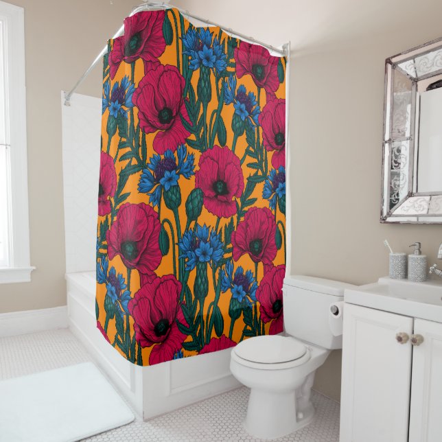 Red poppies and blue cornflowers on orange shower curtain (In Situ)