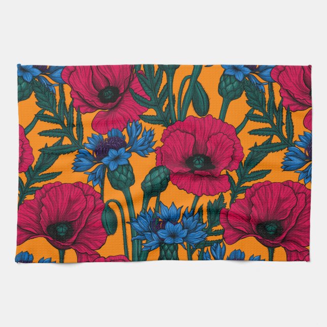 Red poppies and blue cornflowers on orange tea towel (Horizontal)