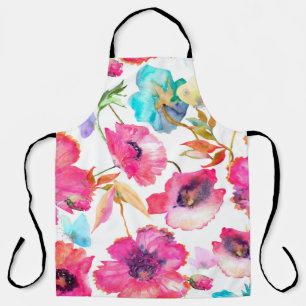 Red poppies and blue flowers with butterflies, wat apron