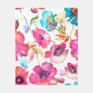 Red poppies and blue flowers with butterflies, wat fleece blanket
