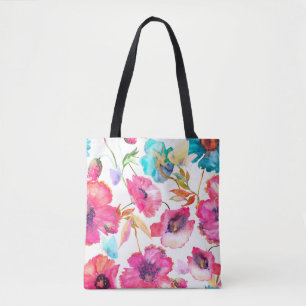 Red poppies and blue flowers with butterflies, wat tote bag
