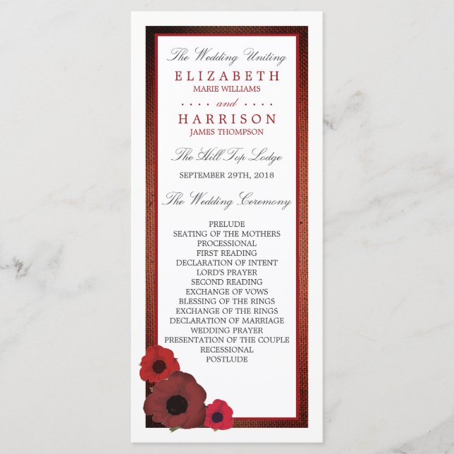 Red Poppies and Burlap Wedding Program Programme (Front)