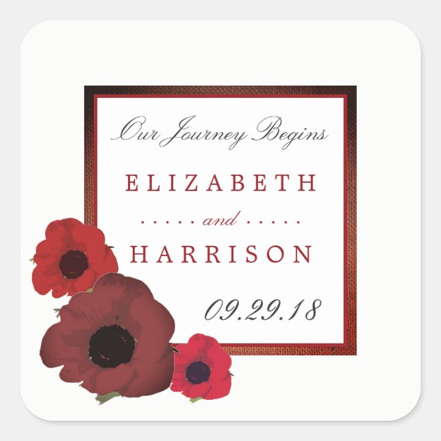 Red Poppies and Burlap Wedding Square Sticker (Front)