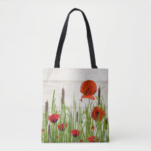 red poppies and cattails tote bag