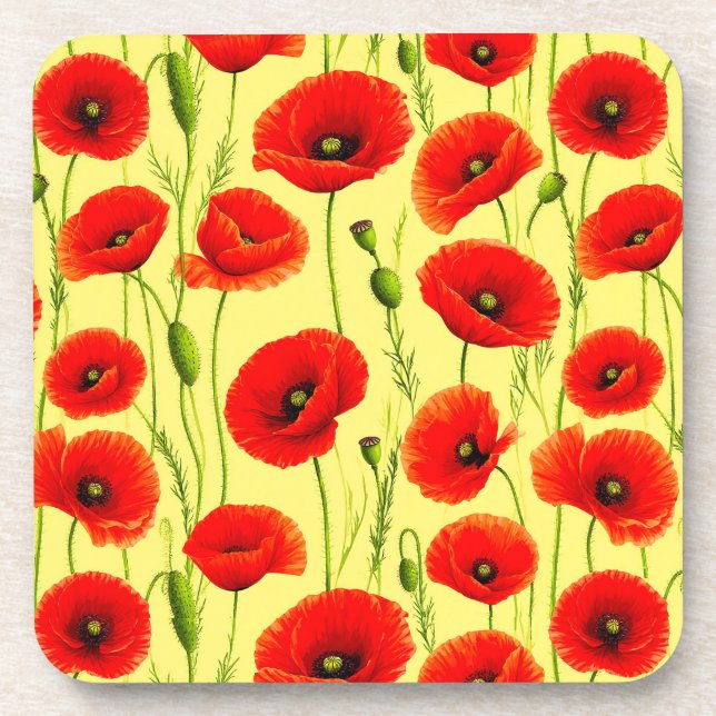 Red Poppies and Green Stems Coaster (Front)