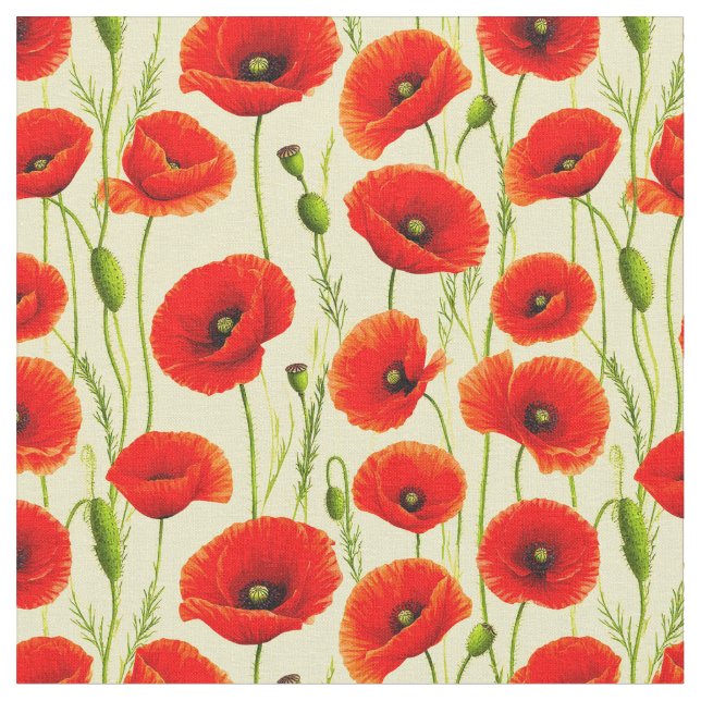 Red Poppies and Green Stems Fabric (Close Up)