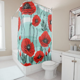 Red Poppies and green stripes Shower Curtain