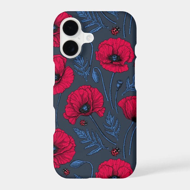 Red poppies and ladybugs on dark blue (Back)