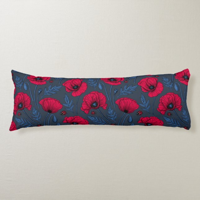 Red poppies and ladybugs on dark blue body cushion (Front)