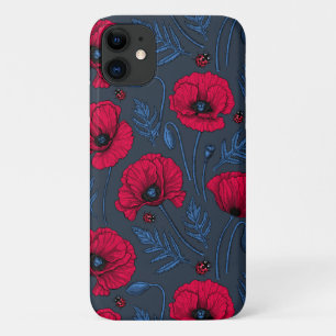 Red poppies and ladybugs on dark blue Case-Mate iPhone case