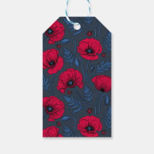 Red poppies and ladybugs on dark blue gift tags