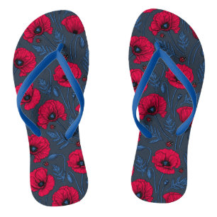 Red poppies and ladybugs on dark blue jandals