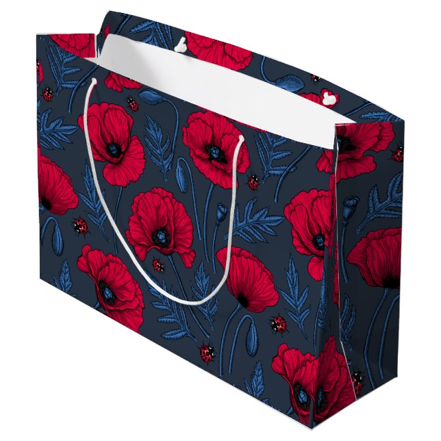 Red poppies and ladybugs on dark blue large gift bag (Back Angled)