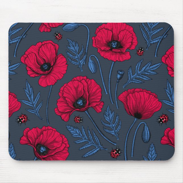 Red poppies and ladybugs on dark blue mouse pad (Front)