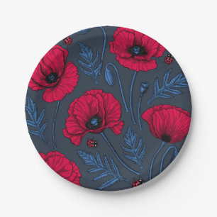 Red poppies and ladybugs on dark blue paper plate