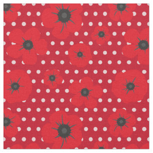 Red Poppies and Polka Dots Pattern Fabric