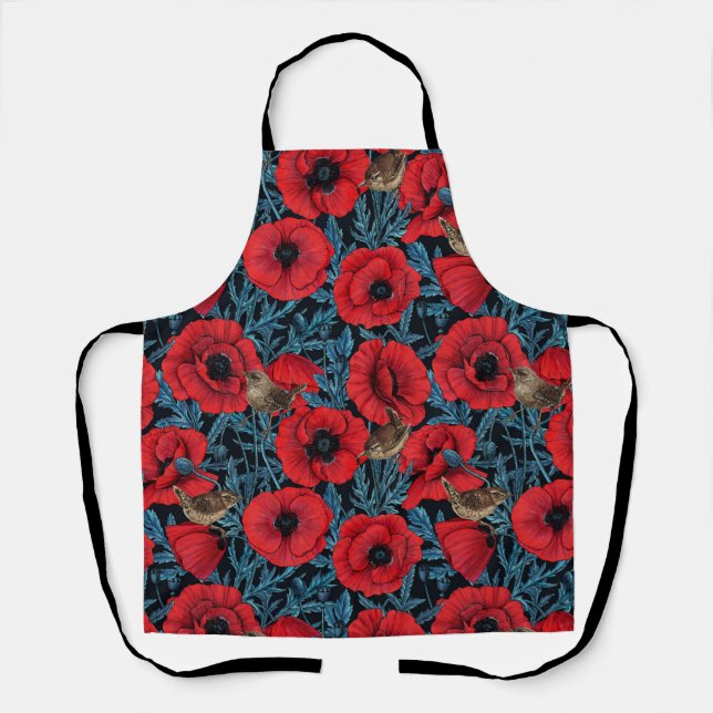 Red poppies and wrens, blue leaves on black apron (Front)