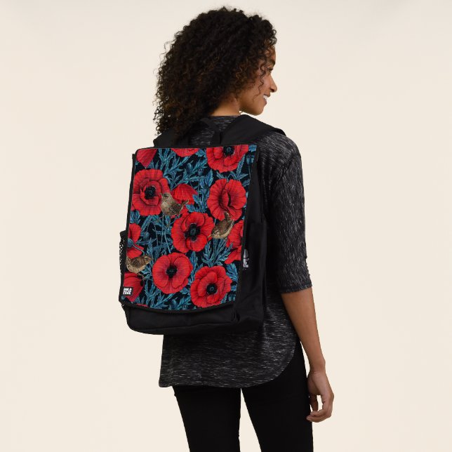 Red poppies and wrens, blue leaves on black backpack (Worn)