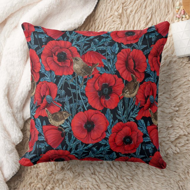 Red poppies and wrens, blue leaves on black cushion (Blanket)