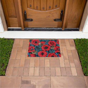 Red poppies and wrens, blue leaves on black doormat