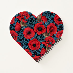 Red poppies and wrens, blue leaves on black notebook