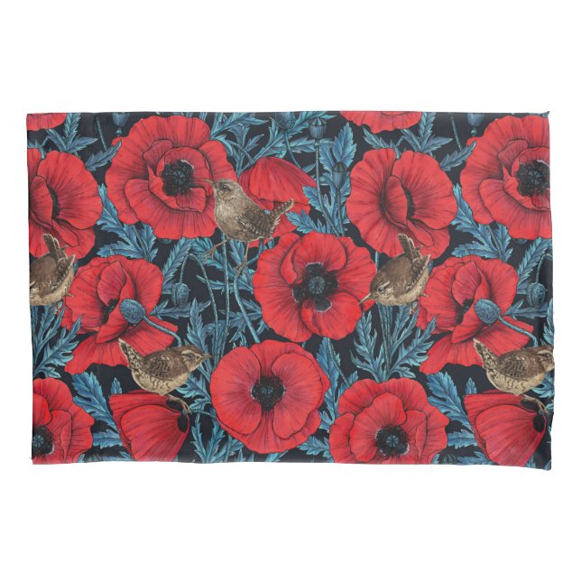 Red poppies and wrens, blue leaves on black pillowcase (Front-Left)