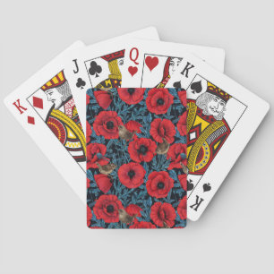 Red poppies and wrens, blue leaves on black playing cards