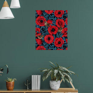 Red poppies and wrens, blue leaves on black poster