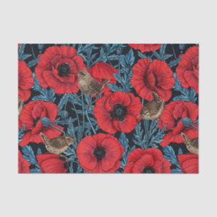 Red poppies and wrens, blue leaves on black tissue paper