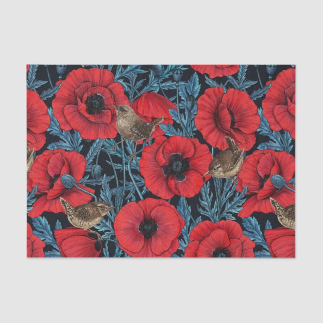 Red poppies and wrens, blue leaves on black tissue paper (Front)