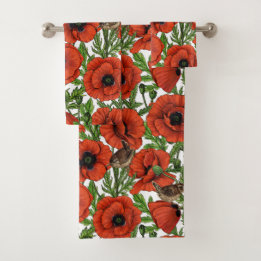 Red poppies and wrens, green leaves on white bath towel set