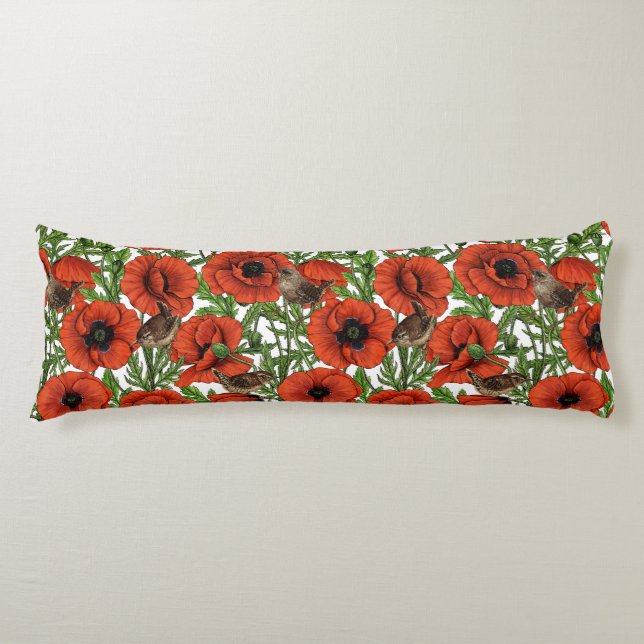 Red poppies and wrens, green leaves on white body cushion (Front)