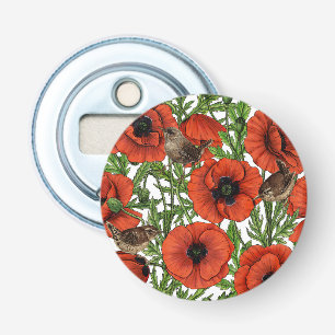 Red poppies and wrens, green leaves on white bottle opener