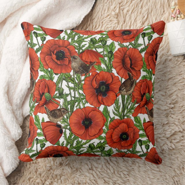 Red poppies and wrens, green leaves on white cushion (Blanket)
