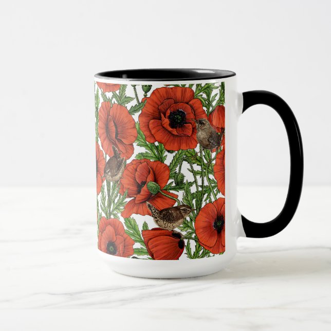 Red poppies and wrens, green leaves on white mug (Right)