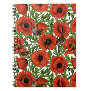 Red poppies and wrens, green leaves on white notebook