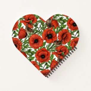 Red poppies and wrens, green leaves on white notebook