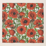 Red poppies and wrens, green leaves on white scarf<br><div class="desc">Hand-painted red poppies and wren birds</div>