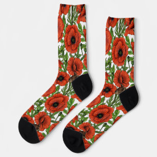 Red poppies and wrens, green leaves on white socks