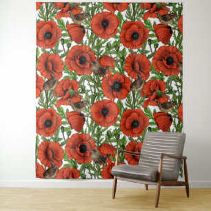 Red poppies and wrens, green leaves on white tapestry
