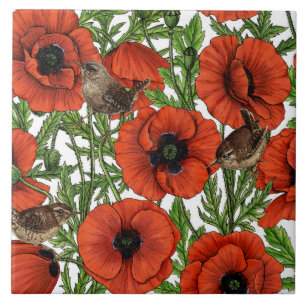 Red poppies and wrens, green leaves on white tile