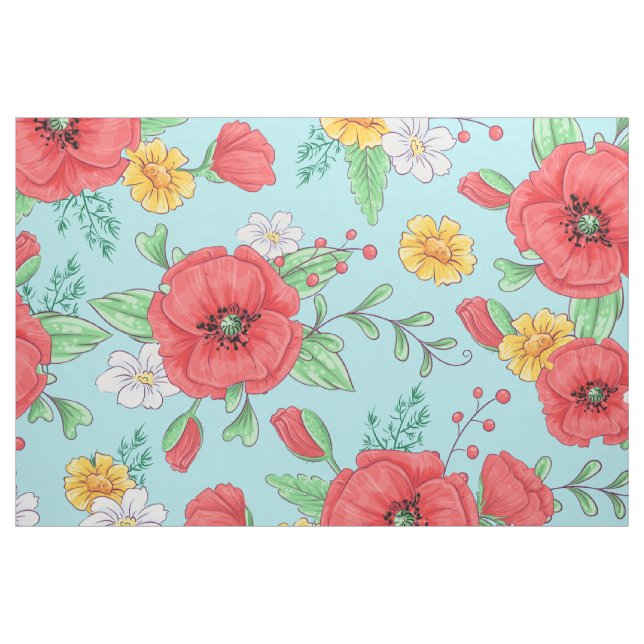 Red poppies and yellow daisies floral pattern fabric (Fat Quarter)
