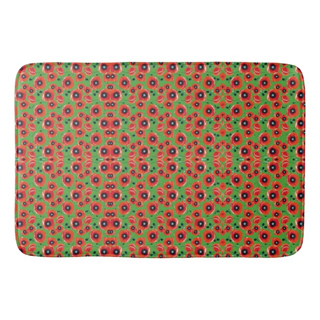 Red Poppies Apple Green Bath Mat (Front)