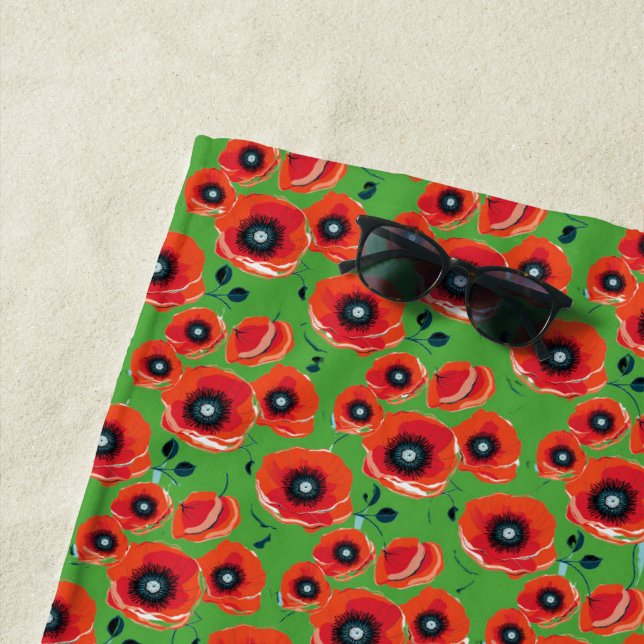 Red Poppies Apple Green Beach Towel (In Situ)