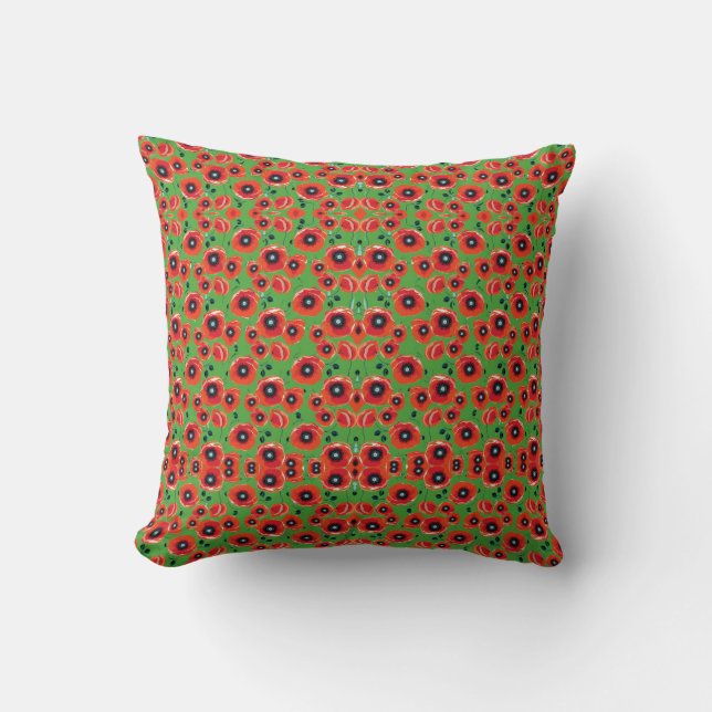 Red Poppies Apple Green Cushion (Front)