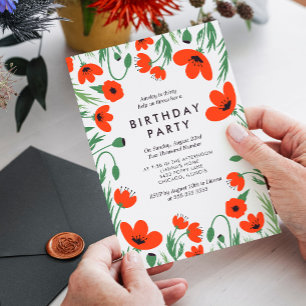 Red Poppies Birthday party Invitation