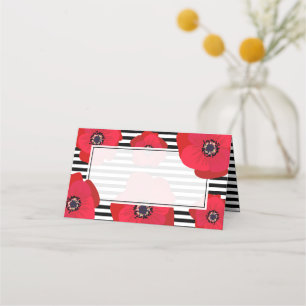 Red Poppies & Black and White Stripes Wedding Place Card