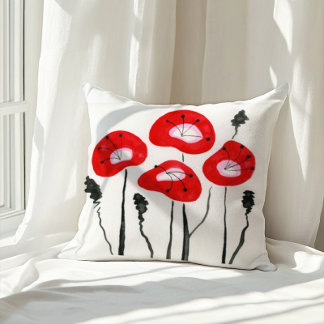 Red Poppies Boho Modern Floral Pattern Cushion