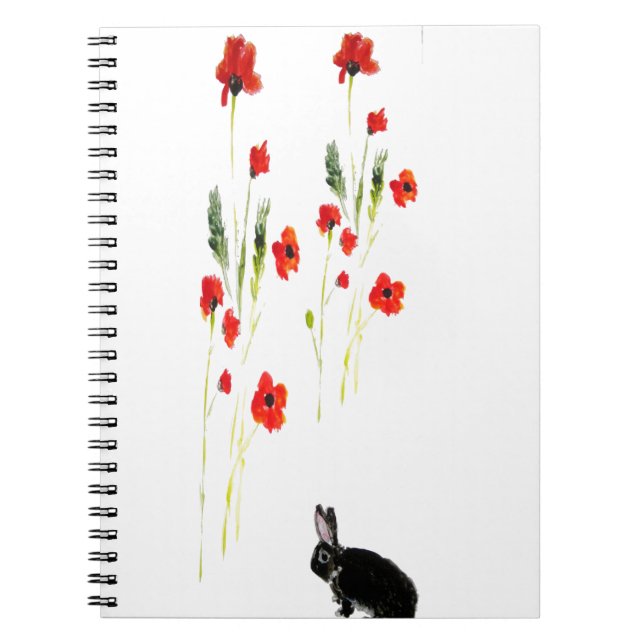 Red Poppies Bunny Rabbit Floral Spiral Notebook (Front)