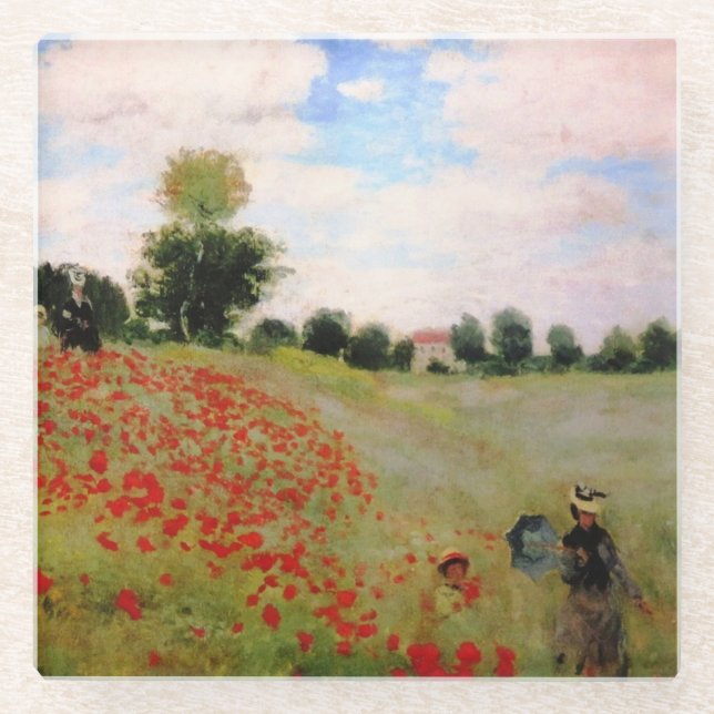 Red Poppies by Monet - Poppy Field Parasol Woman Glass Coaster (Front)